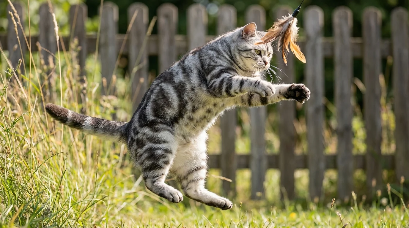American Shorthair cat during play showing the breed's natural hunting instincts