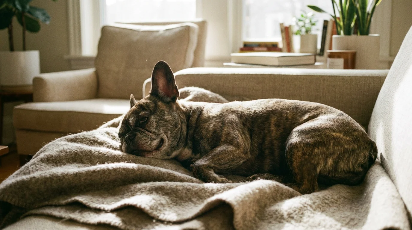 French Bulldog relaxing in a cozy indoor home setting