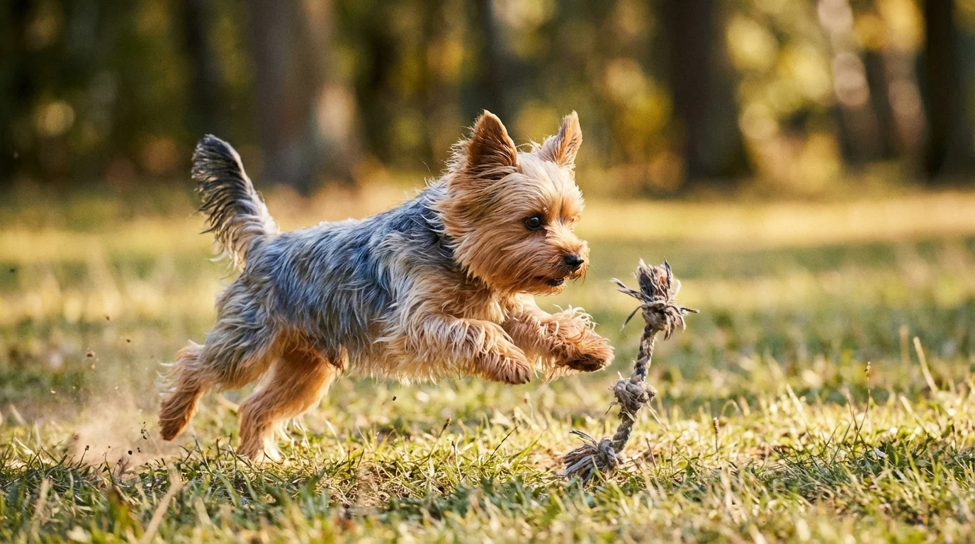 Yorkshire Terrier during a play or training session showing the breed's energy